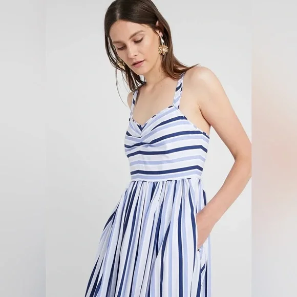 J. CREW Shirting Stripe Tiered Maxi Dress Size 6 Spaghetti Straps 100# Cotton - Picture 2 of 16